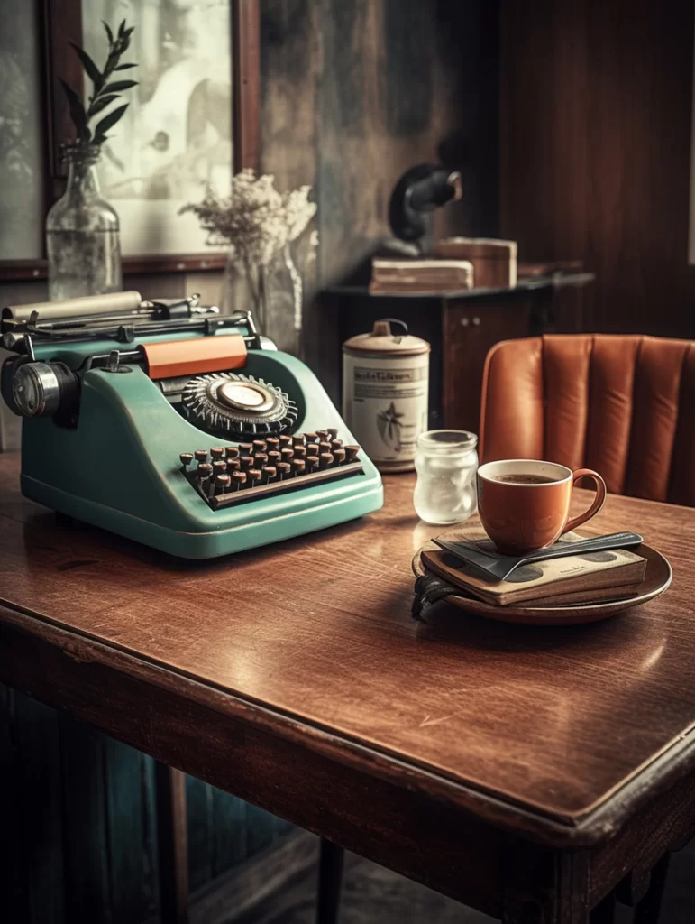 Régi asztalon egy öreg írógép és kávéscsésze fekszik